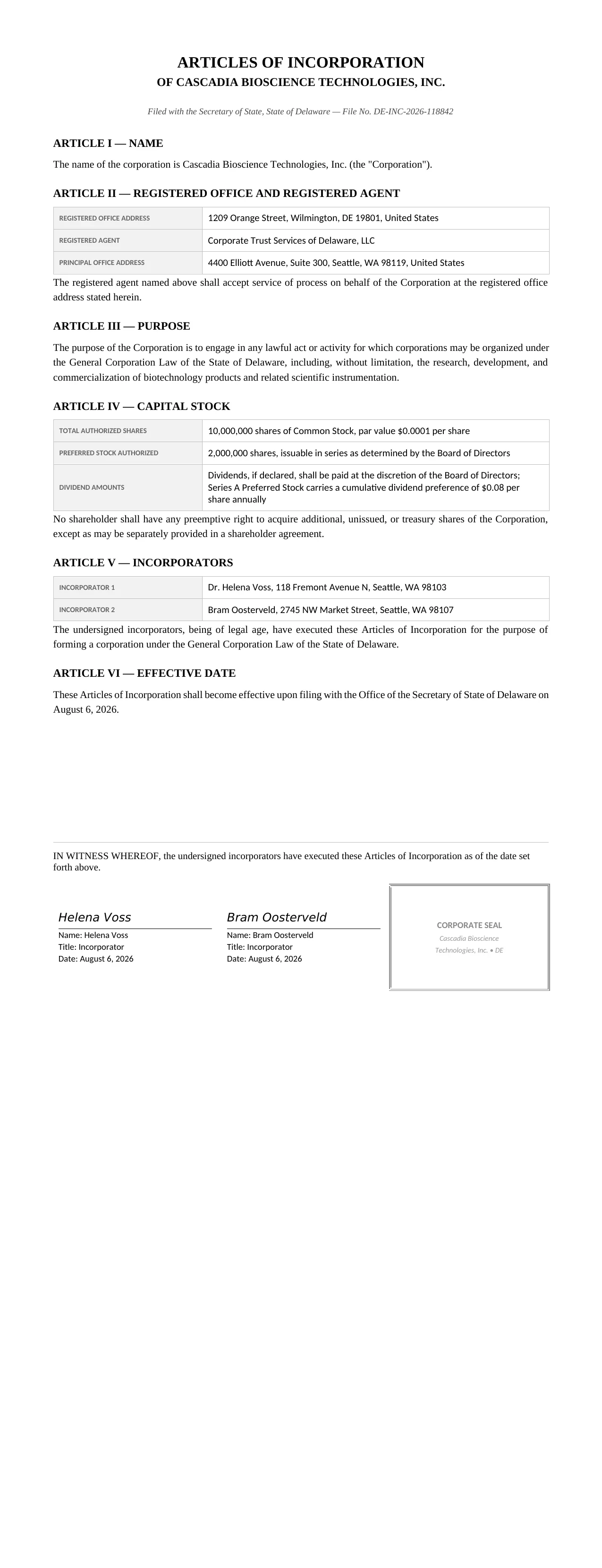 Sample Articles Of Incorporation document