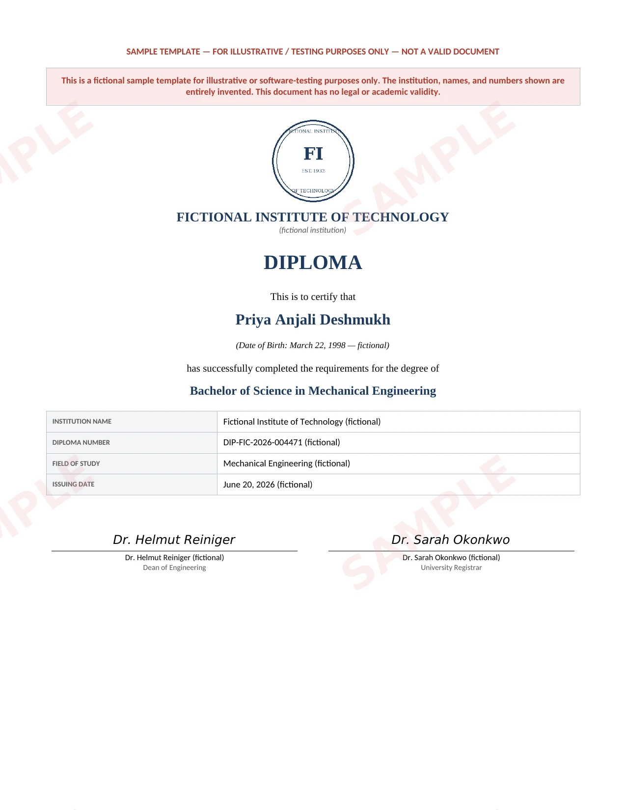 Sample Diplomas document