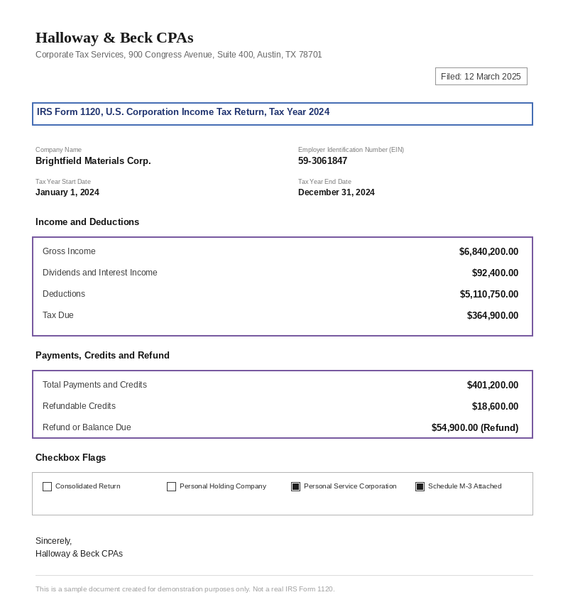 Sample 1120 Form Corporate Tax Return document