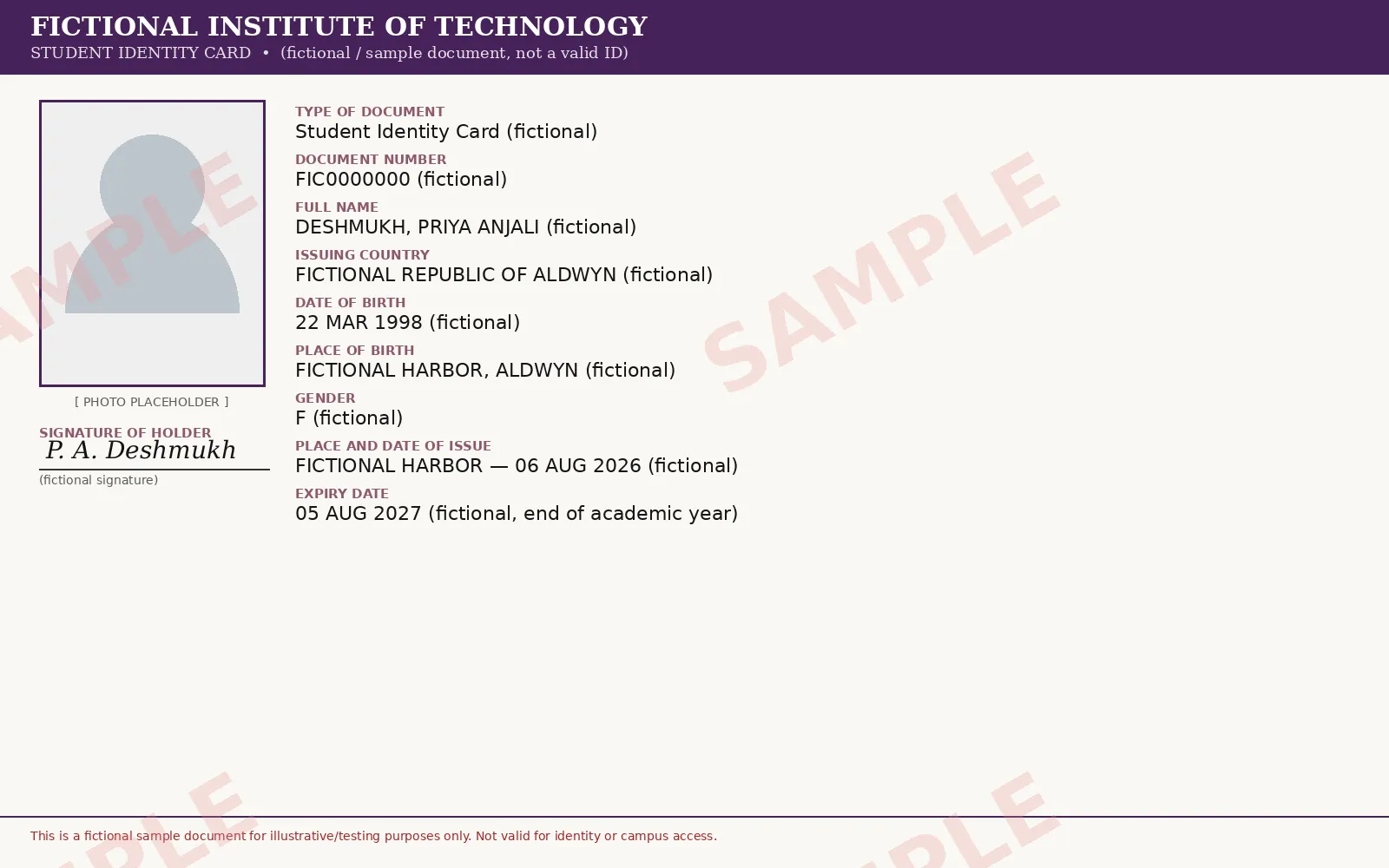 Sample Student Id Card document