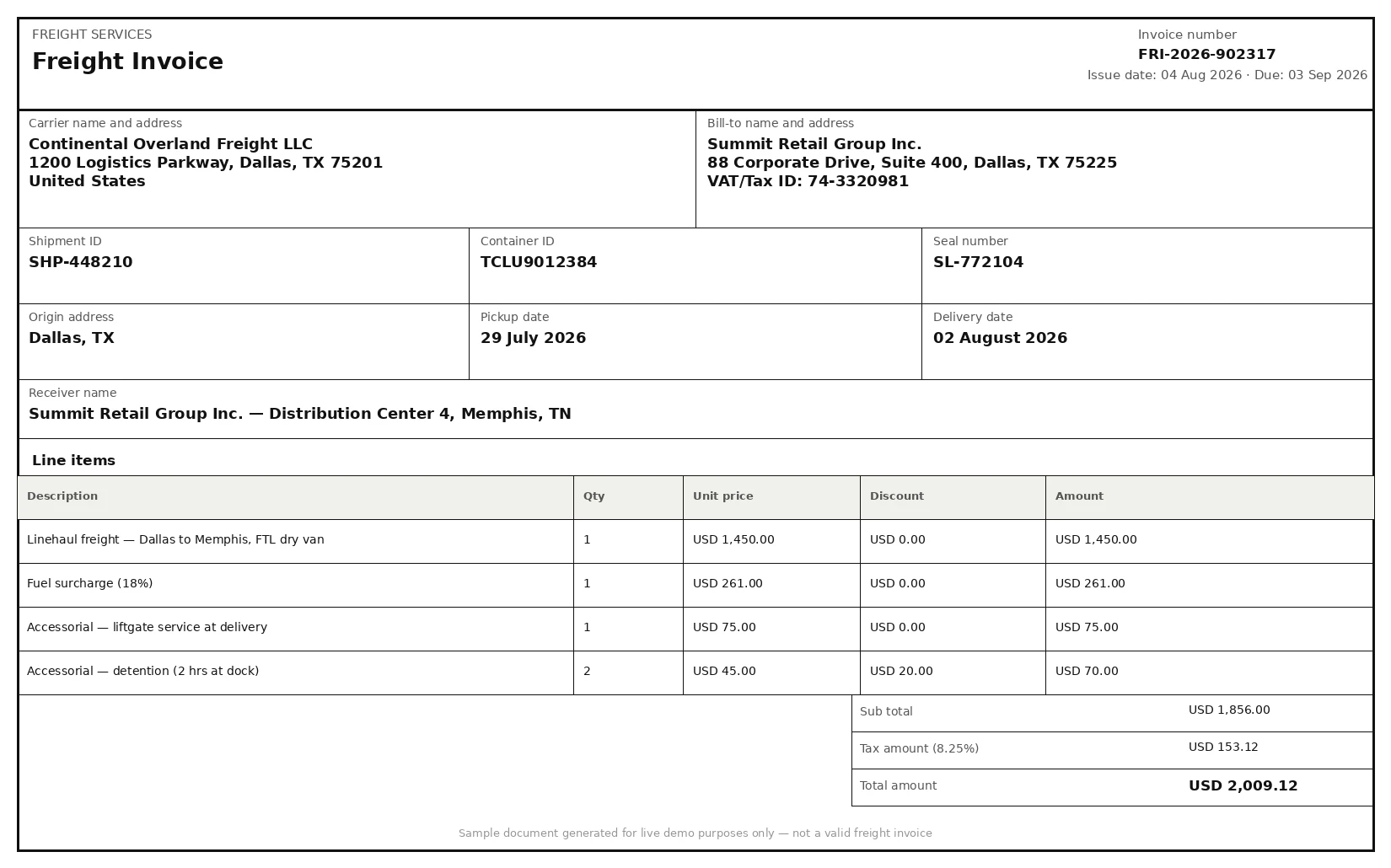 Sample Freight Invoices document