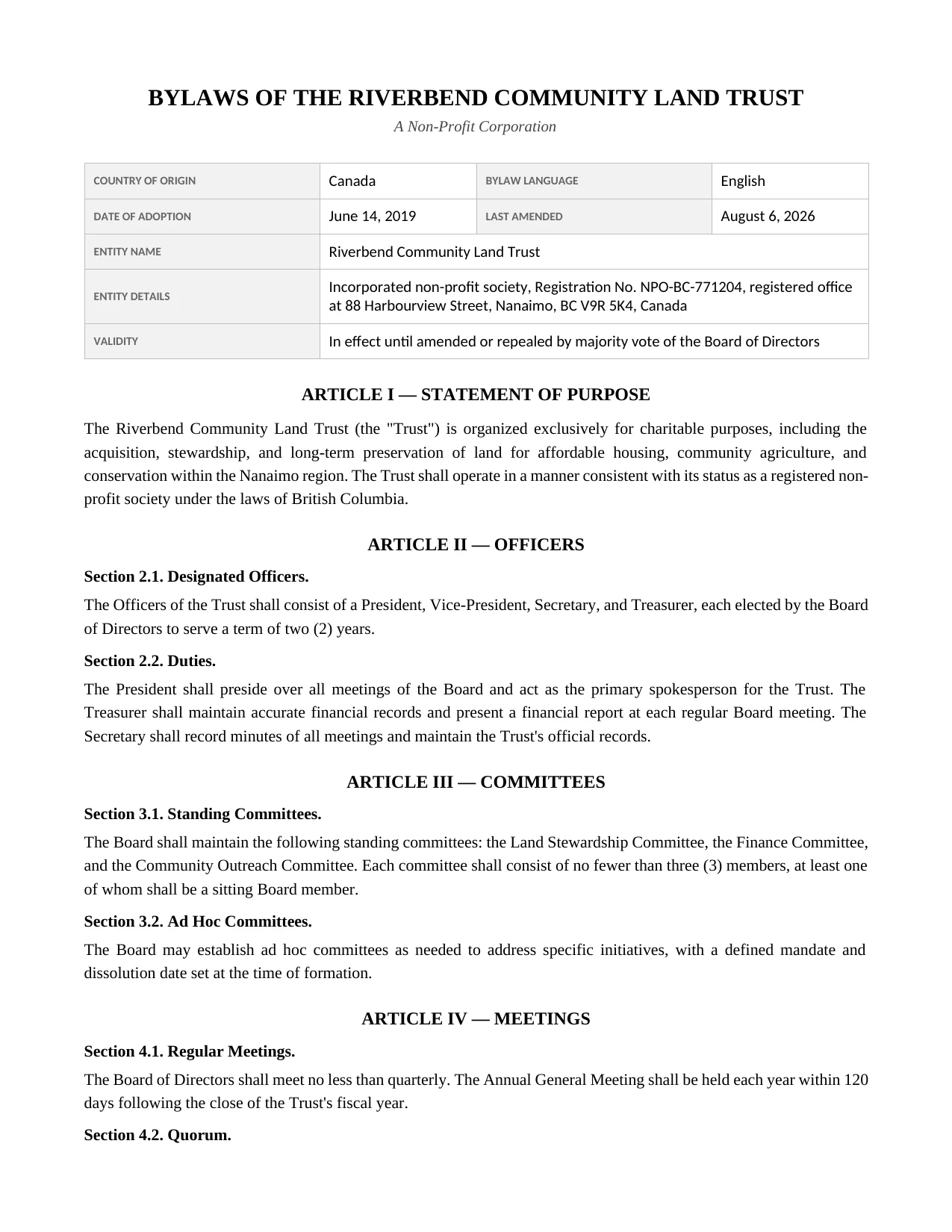 Sample Bylaws document