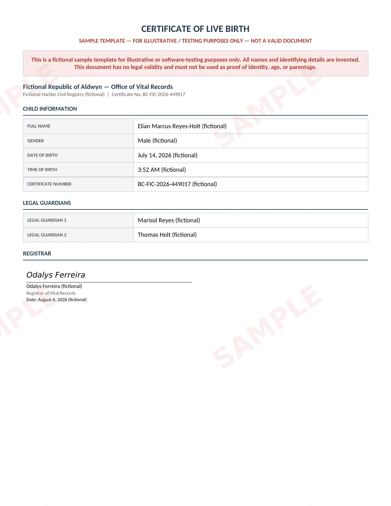 Sample Birth Certificates document