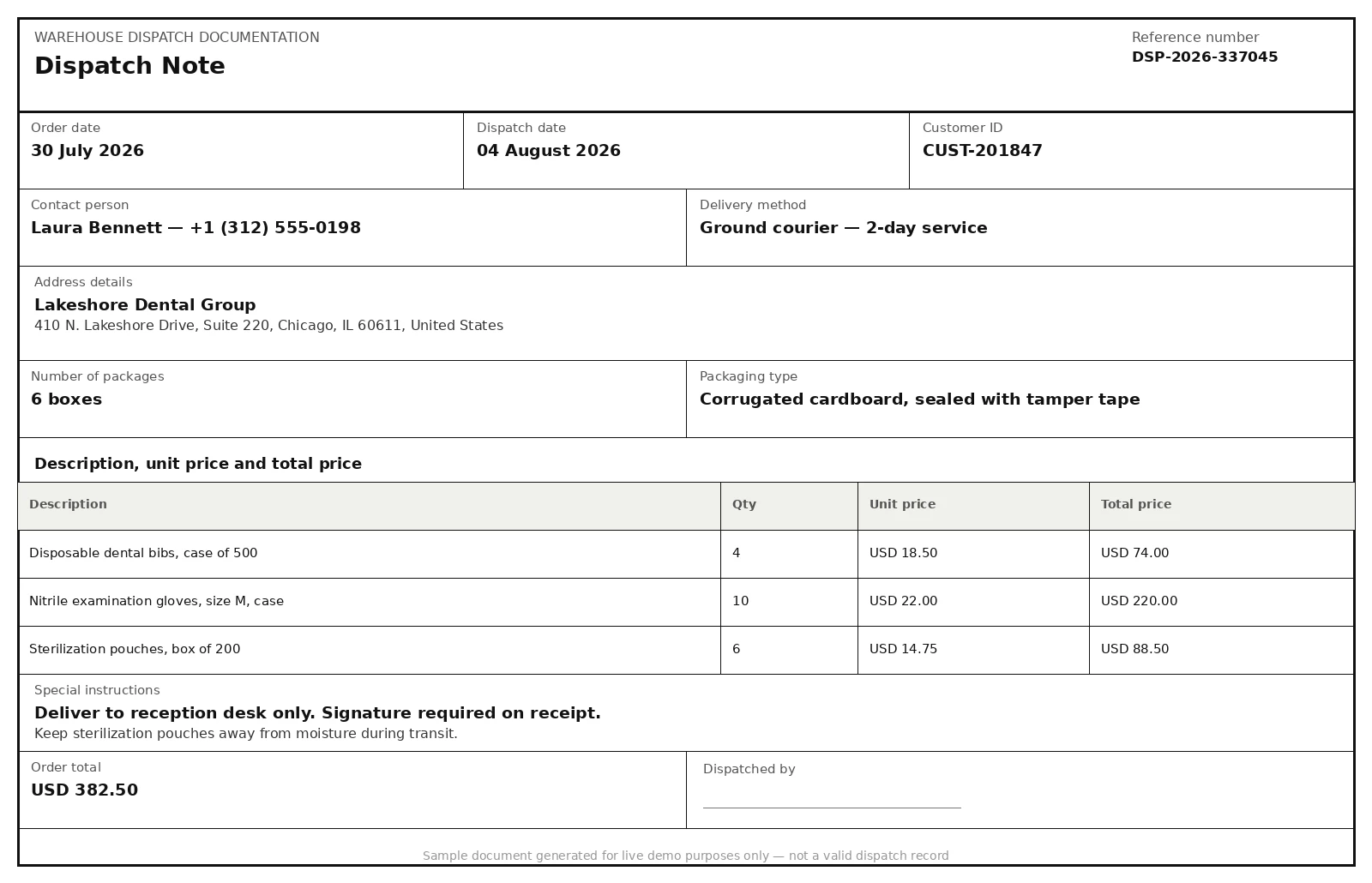 Sample Dispatch Notes document