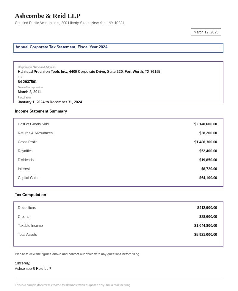Sample Tax Statement document